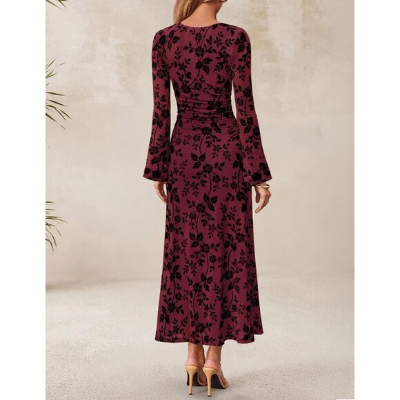 Zesica Women's Burgundy Ruched Mesh Long Sleeve Floral Bodycon Dress - Picture 4 of 5